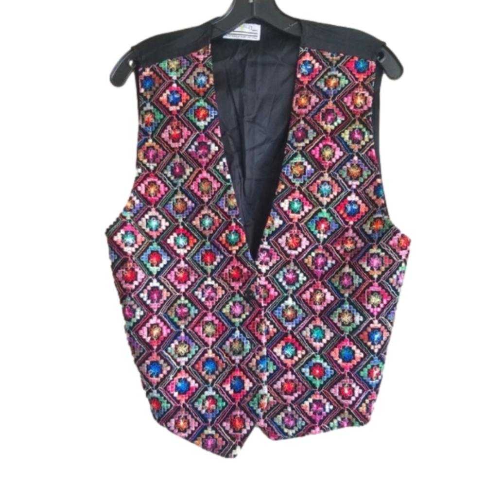 Vintage 90's Vest Floral Embroidery Front Button Closure Cotton Poly Nylon Med